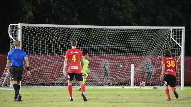 Crusaders find the net in the second goal in Magpies Crusaders v Sunshine Coast Fire in the FQPL1 at Sologinkin Oval. Saturday, March 19, 2022. Picture: Tara Miko