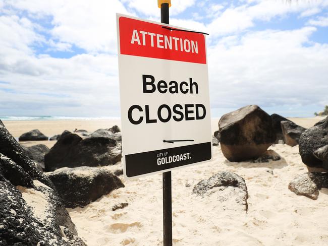 9th September 2020 Greenmount Beach Coolangatta, Queensland - BEACH CLOSED signs at the scene of yesterdays Fatal Shark Attack at Greenmount point Coolangatta the day before. Photo: Scott Powick Newscorp