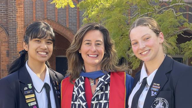 Head prefects Freya Carmody and Alyssa Yee pictured with school principal Dr Kate Hadwen