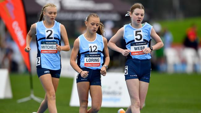 Maisie Mitchell (NSW), Jessica Loring (NSW) and Matilda Webb (NSW) compete in the Girls U14 1500m Walk.