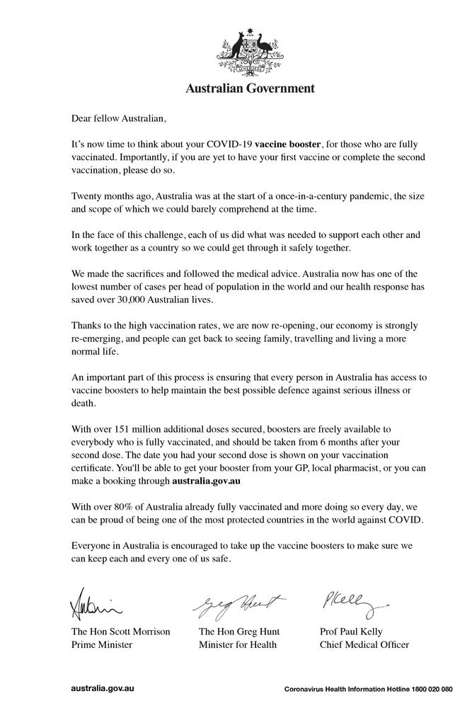 Booster letter to Australian households. Picture: Supplied.
