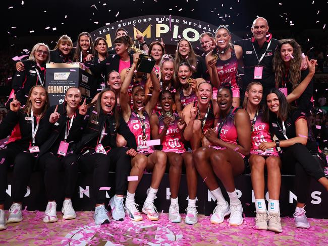 The Thunderbirds celebrate their second straight Super Netball premiership. Picture: Getty Images