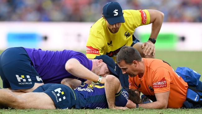 Ryan Papenhuyzen of the Storm after being knocked out (Photo by Bradley Kanaris/Getty Images)