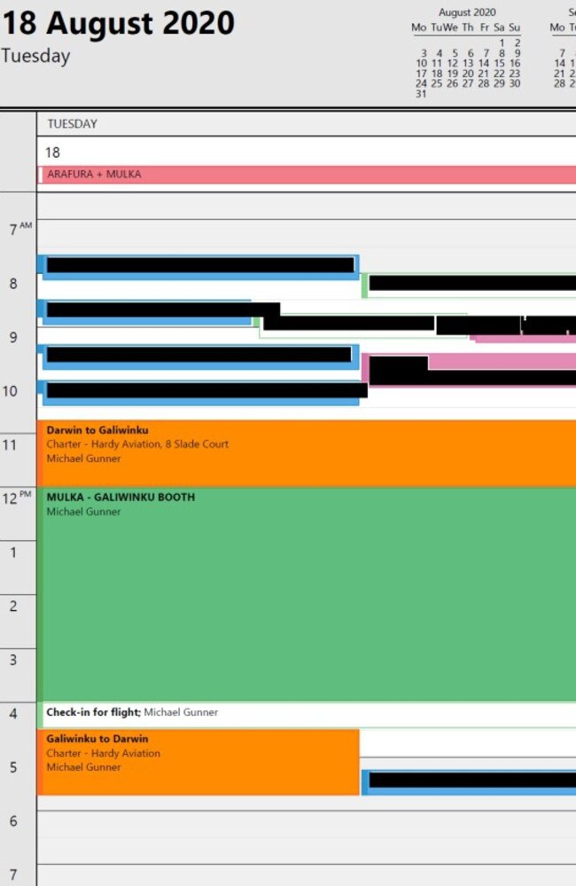 A screenshot of former NT Chief Minister Michael Gunner's calendar showing taxpayer funded travel undertaken during the election caretaker period labelled as a polling booth. Gunner's defence of the trip was that its primary purpose was community engagement, not campaigning. Picture: ICAC.