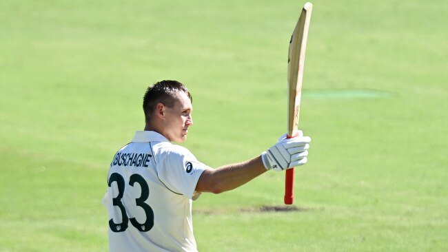 BRISBANE, AUSTRALIA - JANUARY 15: Marnus Labuschagne of Australia celebrates scoring a century during day one of the 4th Test Match in the series between Australia and India at The Gabba on January 15, 2021 in Brisbane, Australia. (Photo by Bradley Kanaris/Getty Images)