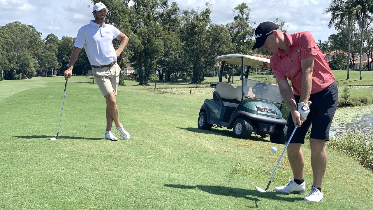 Ryley Martin (left) watches as fellow pro Glenn Joyner plays during a recent round together at Noosa Springs.