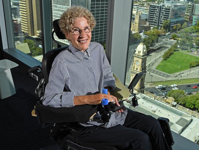 30/03/21 - SA chair, ANZ Bank, Jane Yuile a prominent local businesswomen, has overcome personal and professional challenges to continue all her board and corporate responsibilities despite an accident leaving her a quadriplegic.  Pictured at the ANZ Building in Adelaide.Picture: Tom Huntley