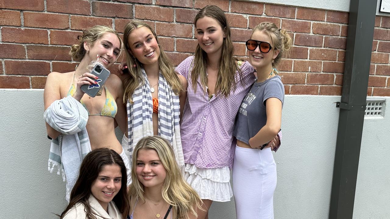 Top row: Leyla Mclean, Mia Slorach, Alex Atkins and Alessia Van Der Looy. Front row: Abbie Hodge and Sacha Hannebery at Byron Bay schoolies, 2022. Picture: Savannah Pocock