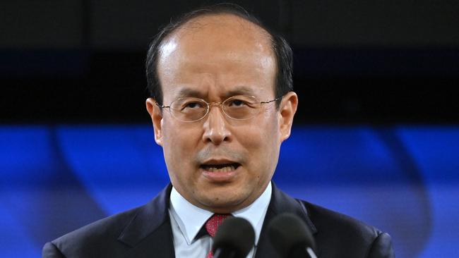 China’s ambassador to Australia Xiao Qian speaks at the National Press Club in Canberra yesterday. Picture: AAP