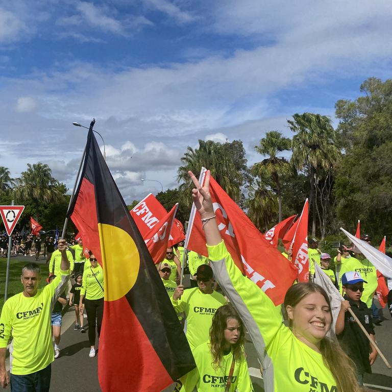 Hundreds gathered in Gladstone to celebrate Labour Day (May Day), unions marched through the CBD, lead by the RTBU, in solidarity with workers rights. Picture: Nilsson Jones