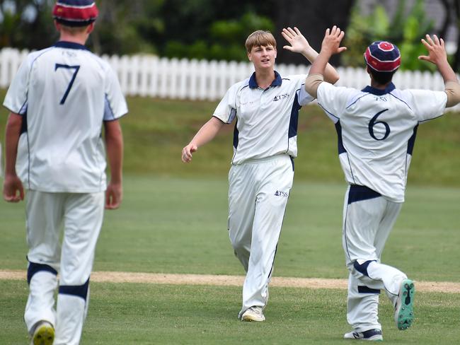 TSS bowler Cameron Sinfield celebrates a wicketGPS First XI match between Nudgee College and TSS. Saturday February 3, 2024. Picture, John Gass