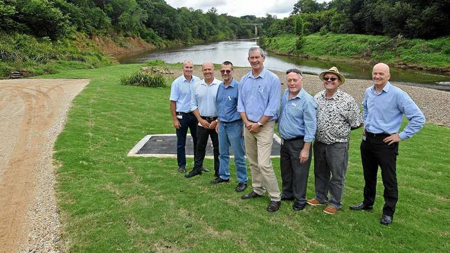 WAITING ON THE WEATHER: Councillors Bob Leitch, Mal Gear, Dan Stewart, Mick Curran, Mark McDonald and Daryl Dodt and CEO Bernard Smith are looking forward to officially opening the River to Rail trail. Picture: Renee Albrecht