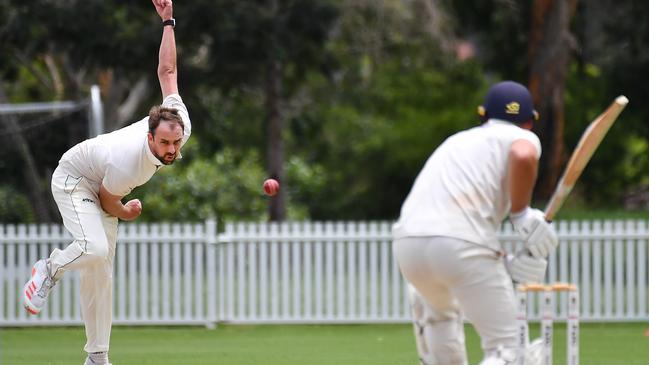 Redlands bowler George Garrett Cricket action between UQ v Redlands Saturday December 17, 2022. Picture: John Gass
