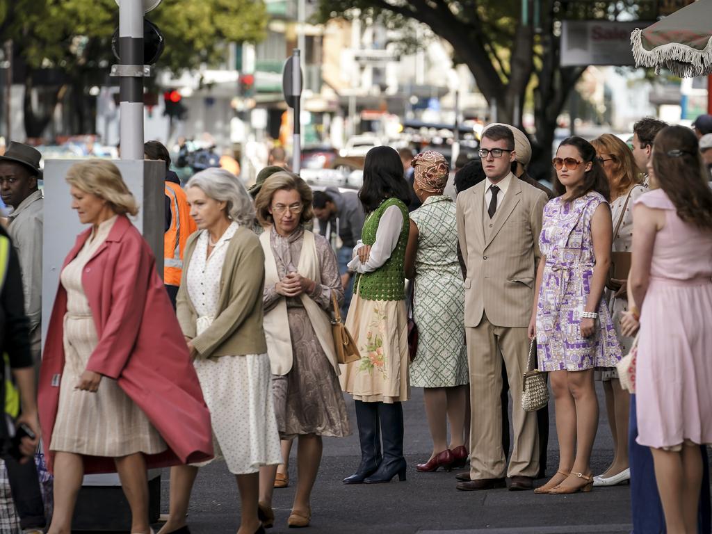 Period dressed actors filming “Escape From Pretoria” in Pirie St, Adelaide. Picture: AAP/Mike Burton