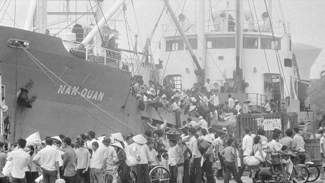 FILE- Last Vietnamese evacuees by boat from Saigon water front in Saigon as PRG troops close in on April 30, 1975. Picture: AP Photo/Matt Franjola