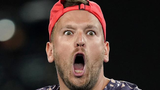 Dylan Alcott of Australia reacts during the men's Quad Wheelchair singles final against Andy Lapthorne of Great Britain on day 13 of the Australian Open tennis tournament at Rod Laver Arena in Melbourne, Saturday, February 1, 2020. (AAP Image/Michael Dodge) NO ARCHIVING, EDITORIAL USE ONLY