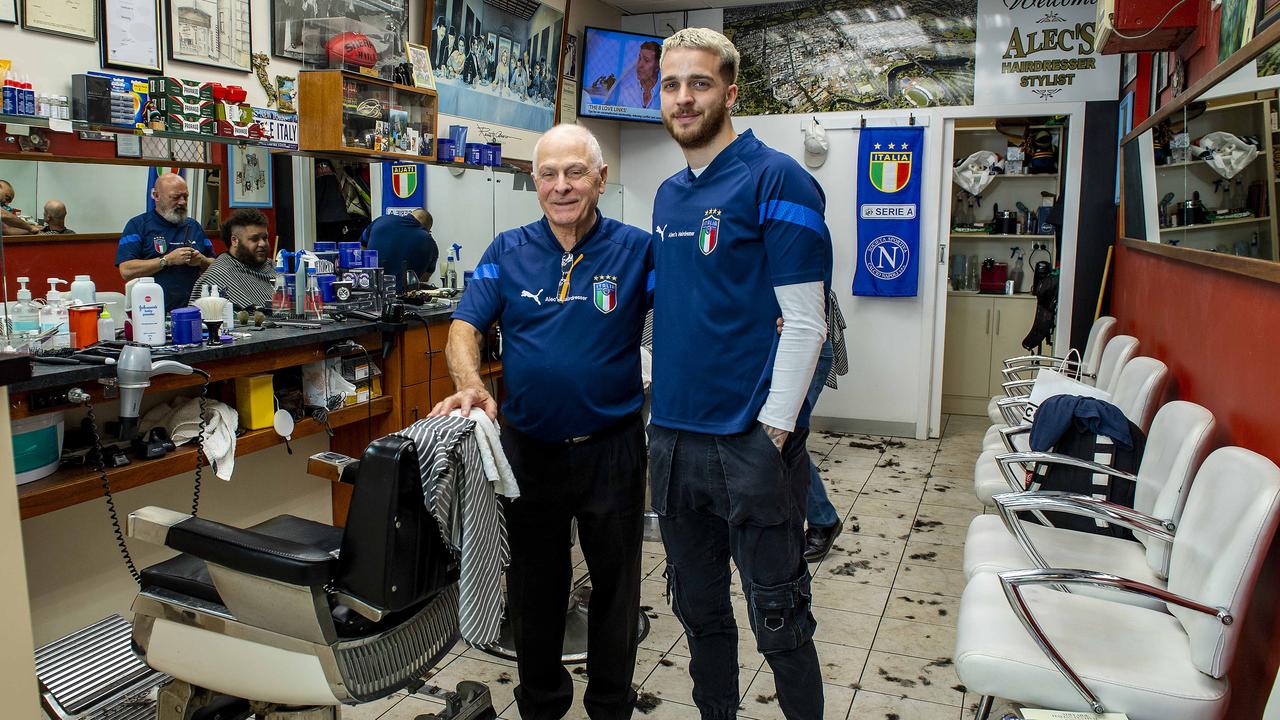 Alec Mastrangelo who celebrates his 50 year anniversary as a barber on Leigh Street in the city with his grandson Stefan Fedele .Picture Mark Brake