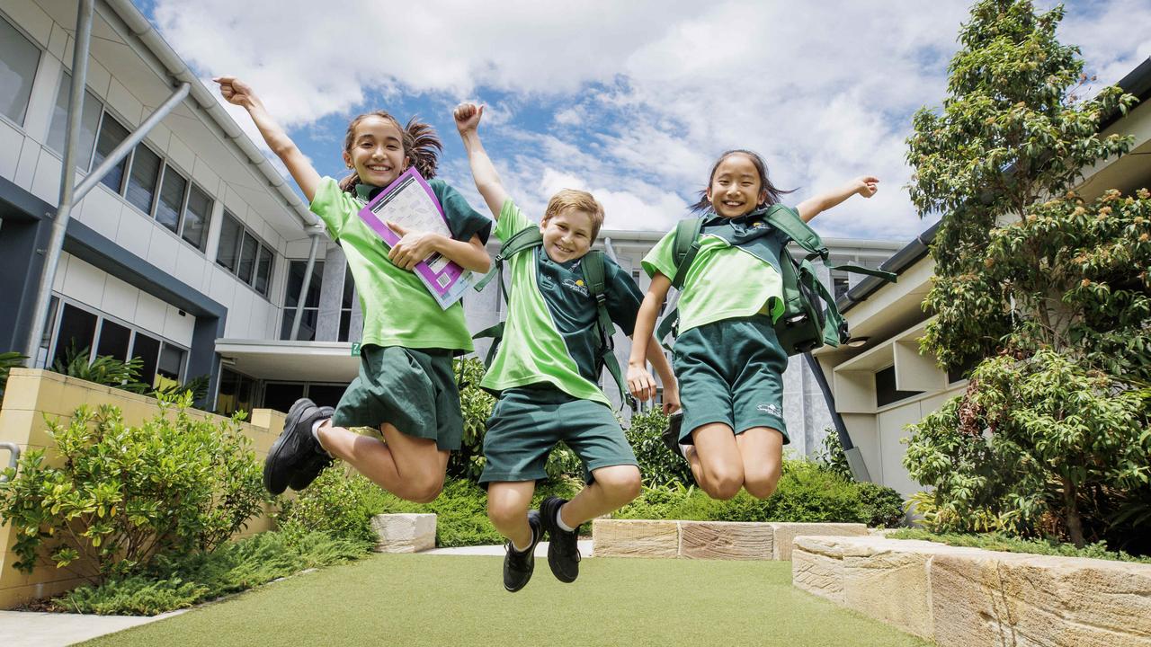 Year 6 students Kyra Henderson, Beau Rigby and Enming Pan at Sunnybank Hills State School. Picture: Lachie Millard