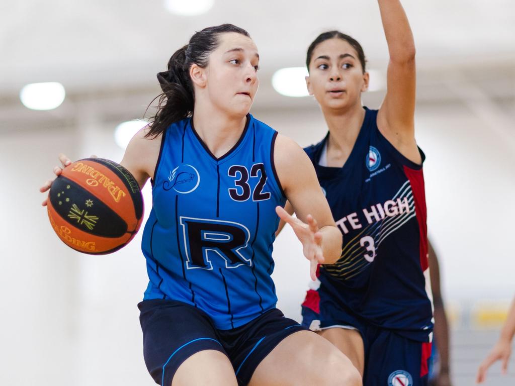 Gia Vukona defends Emilija Dakic at the Basketball Australia Schools Championships. Picture: Taylor Earnshaw