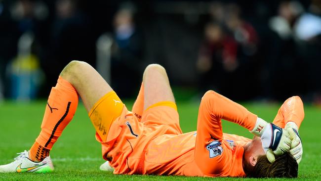 Newcastle goalkeeper Tim Krul can’t believe his late error.