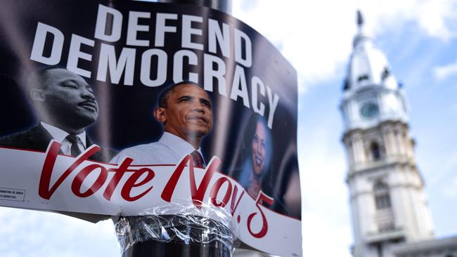 Campaign signs are seen on a tree near Philadelphia City Call on November 04. Picture: Getty Images via AFP