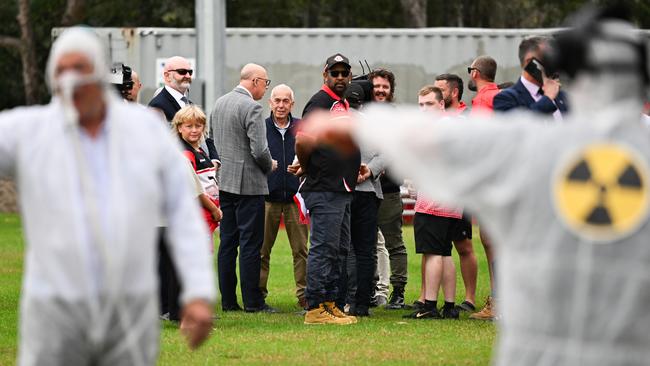 Anti-nuclear protesters interrupt a press conference with Peter Dutton on the NSW South Coast. Picture: Getty Images