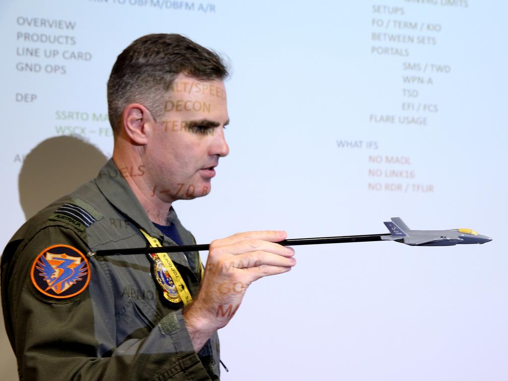 Australian Pilots training in the F35 fighter Jets Luke Airforce Base in Phoenix Arizona. Squadron leader Wing Commander Darren Clare gives a pre flight briefing. Picture: Nathan Edwards