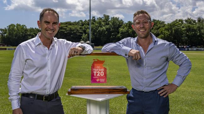 Justin Langer and NT Cricket chief executive Gavin Dovey with the 2024 Top End T20 trophy. Picture: Patch Clapp / NT Cricket