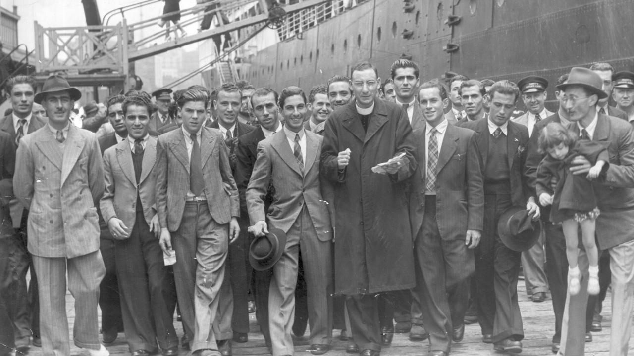 Maltese migrants leaving Jugoslav steamer  ship Partizanka arriving in Australia.  immigration 1950s historical  /Australia/Immigration