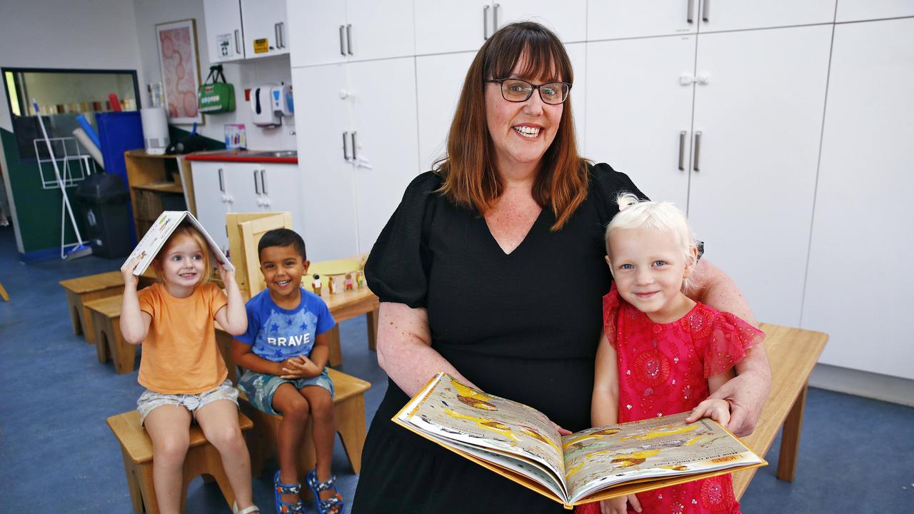 Renee Connaghan, campus director at All About Children in Wahroonga in class with Abigail Sinclair, Aydin Nathwani and Indi Van Coller. Picture: Sam Ruttyn