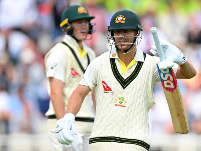 David Warner heads off after being dismissed. Picture: Clive Mason/Getty Images.