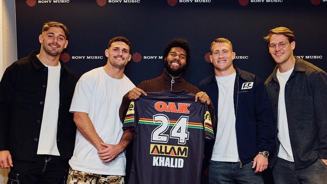 American pop superstar Khalid with Penrith players Mavrik Geyer, Nathan Cleary, Mitch Kenny and Riley Price backstage at the Sydney Opera House ahead of his second sold out Sincere world premiere show. Credit: Brayden Smith / Supplied