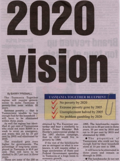 A newspaper clipping from the turn of the millennium summarising the Tasmania Together blueprint. Source: DANNY KEEP.