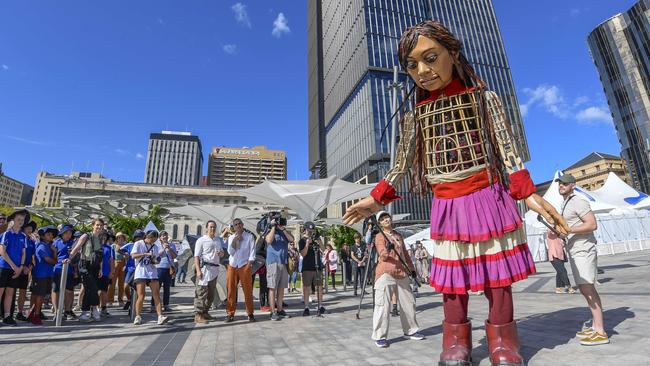 The Little Amal puppet, which depicts a Syrian refugee girl, is in Adelaide. Picture: NCA NewsWire / RoyVphotography