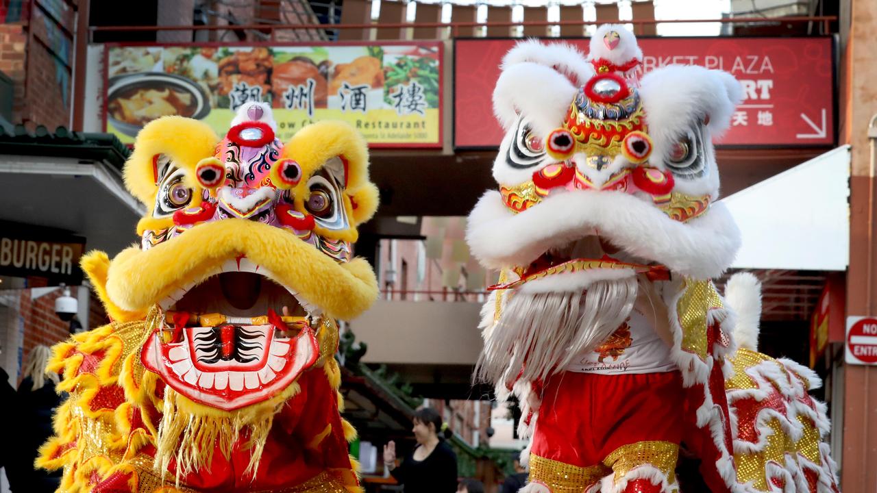 Lion dancers in Adelaide’s Chinatown getting ready for Chinese New Year celebrations. Picture: Dean Martin