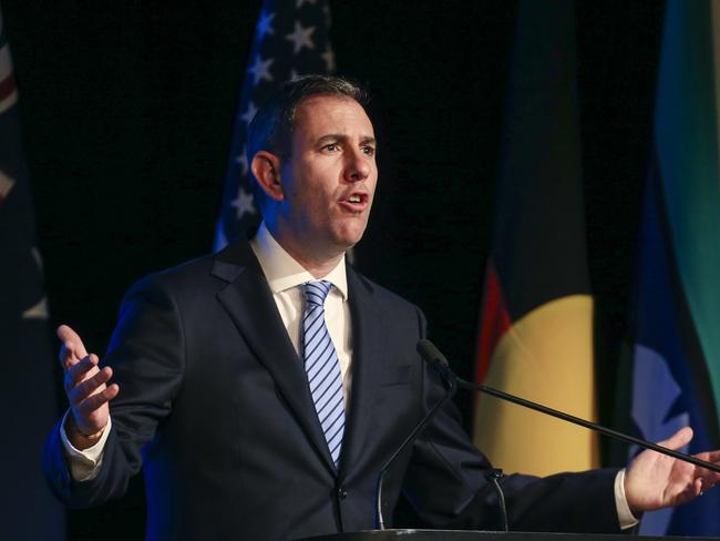 BRISBANE, AUSTRALIA - NewsWire Photos - JULY 9, 2024:Treasurer Jim Chalmers delivers the keynote address to Australia-US two-day forum in Brisbane on the future of banking in Pacific countries. Picture: NewsWire / Glenn Campbell