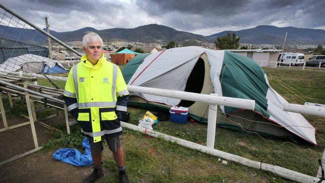 Royal Agricultural Society CEO Scott Gadd checks on homeless people living in tents at the Royal Hobart Showgrounds, Glenorchy. PICTURE CHRIS KIDD