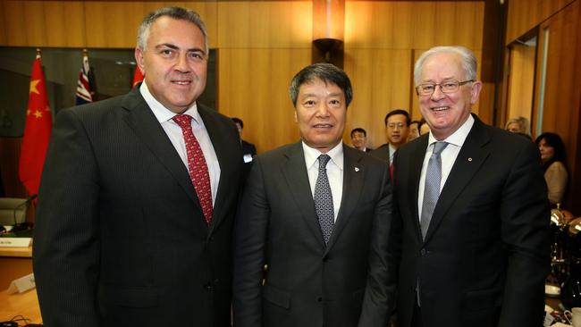 Joe Hockey, Chairman Xu Shaoshi, and Andrew Robb at the Australia China Strategic Economic Dialogue in Canberra earlier this month.