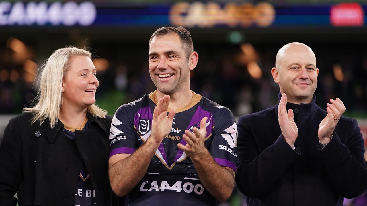 Cameron Smith, wife Barbara Smith and Todd Greenberg after Smith became the first player to reach 400 matches in July 2019. Picture: Scott Barbour/Getty Images