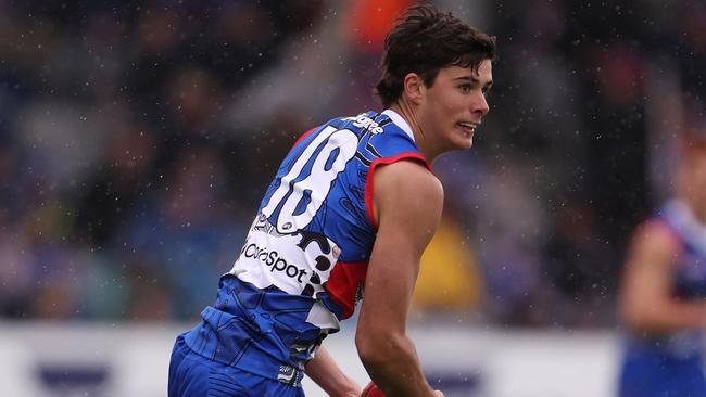 BALLARAT, AUSTRALIA - MAY 20: James O'Donnell of the Bulldogs runs with the ball during the round 10 AFL match between Western Bulldogs and Adelaide Crows at Mars Stadium, on May 20, 2023, in Ballarat, Australia. (Photo by Robert Cianflone/Getty Images)