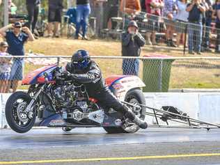 ALMOST LIFT OFF: Benny Stevens was spectacular at the All Bikes Drags Championship at Benaraby Motorsports Complex. Picture: Matt Taylor GLA030819DRAG