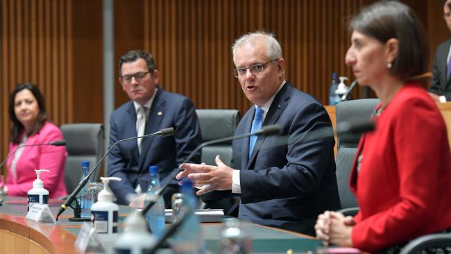 Annastacia Palaszczuk, Daniel Andrews, Scott Morrison and Gladys Berejiklian at a meeting of national cabinet last year. A bipartisan cabinet-like body ‘could provide the basis’ for a national approach to China. Picture: Getty Images