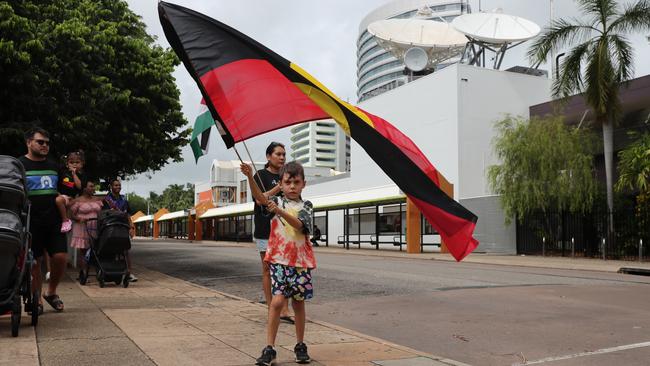 Hundreds of Territorians demonstrated on Invasion Day 2024 by marching from Civic Park through Darwin city on Friday, January 26. Picture: Zizi Averill