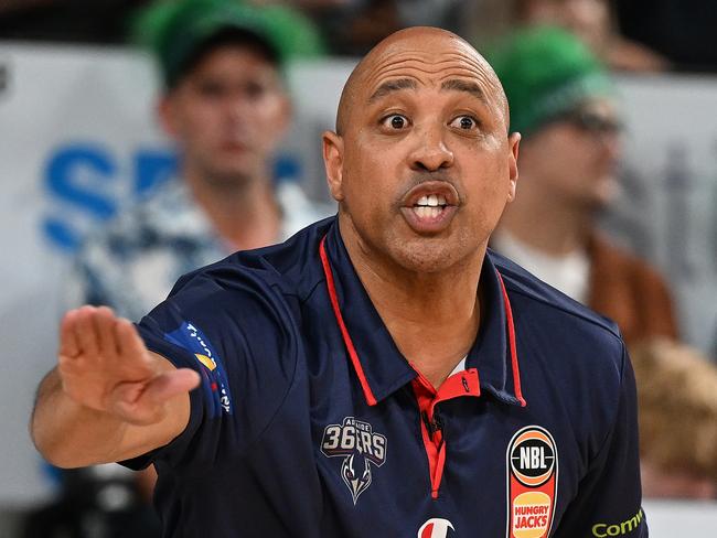 HOBART, AUSTRALIA - DECEMBER 02: CJ Bruton Head Coach of the 36ers reacts during the round nine NBL match between Tasmania Jackjumpers and Adelaide 36ers at MyState Bank Arena, on December 02, 2023, in Hobart, Australia. (Photo by Steve Bell/Getty Images)