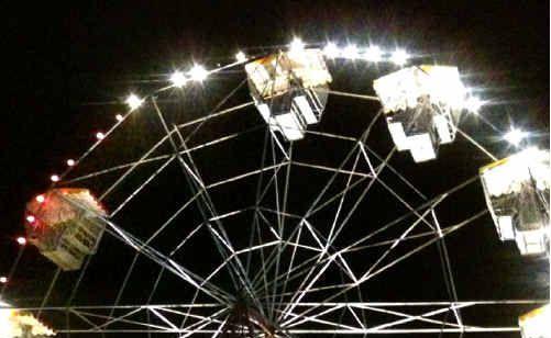 NO JOY: The ferris wheel showing the missing carriage, top left, at the Bluesfest site. Picture: Alex Cram