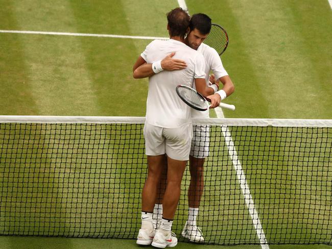 Serbia's Novak Djokovic (R) greets Spain's Rafael Nadal after winning their men's singles semi-final match at the 2018 Wimbledon Championships. The men are to meet again in Jeddah in December.  Picture: John Walton/AFP