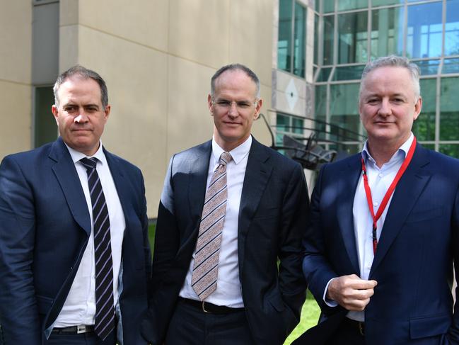 United stance: ABC managing director David Anderson, News Corp Australia executive chairman Australasia Michael Miller and Nine Entertainment CEO Hugh Marks. Picture: AAP