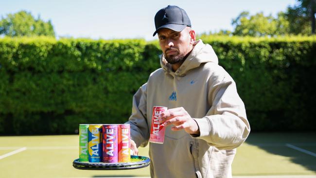 Nick Kyrgios spruiking the Alive soft drink brand.