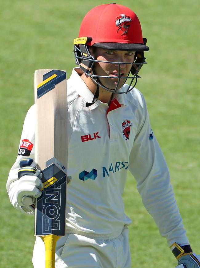 Alex Carey of South Australia leaves the field after being dismissed by Marcus Stoinis of Western Australia on day 3 of the Sheffield Shield match between Western Australia and South Australia at the WACA Ground in Perth, Sunday, December 1, 2019. Picture: AAP Image/Richard Wainwright.