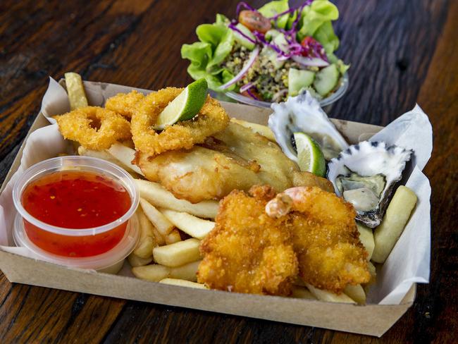 Red Hot Cod offers the classic salty seafood treats as well as healthy options at its Burleigh Heads fish and chippery. Above, the Burleigh Beach Box. Picture: Jerad Williams